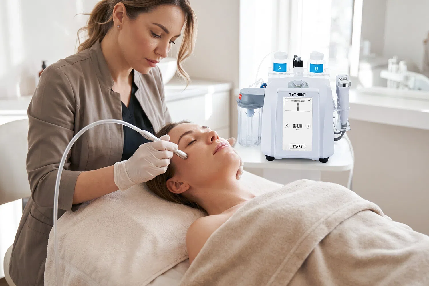 A professional hydro dermabrasion treatment in progress